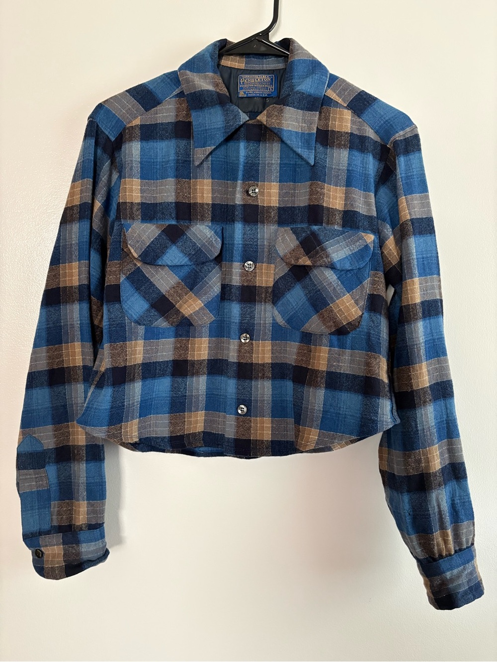 VTG Pendleton Wool Board Shirt Cropped Hem Blue Tan Plaid Flannel Size Small